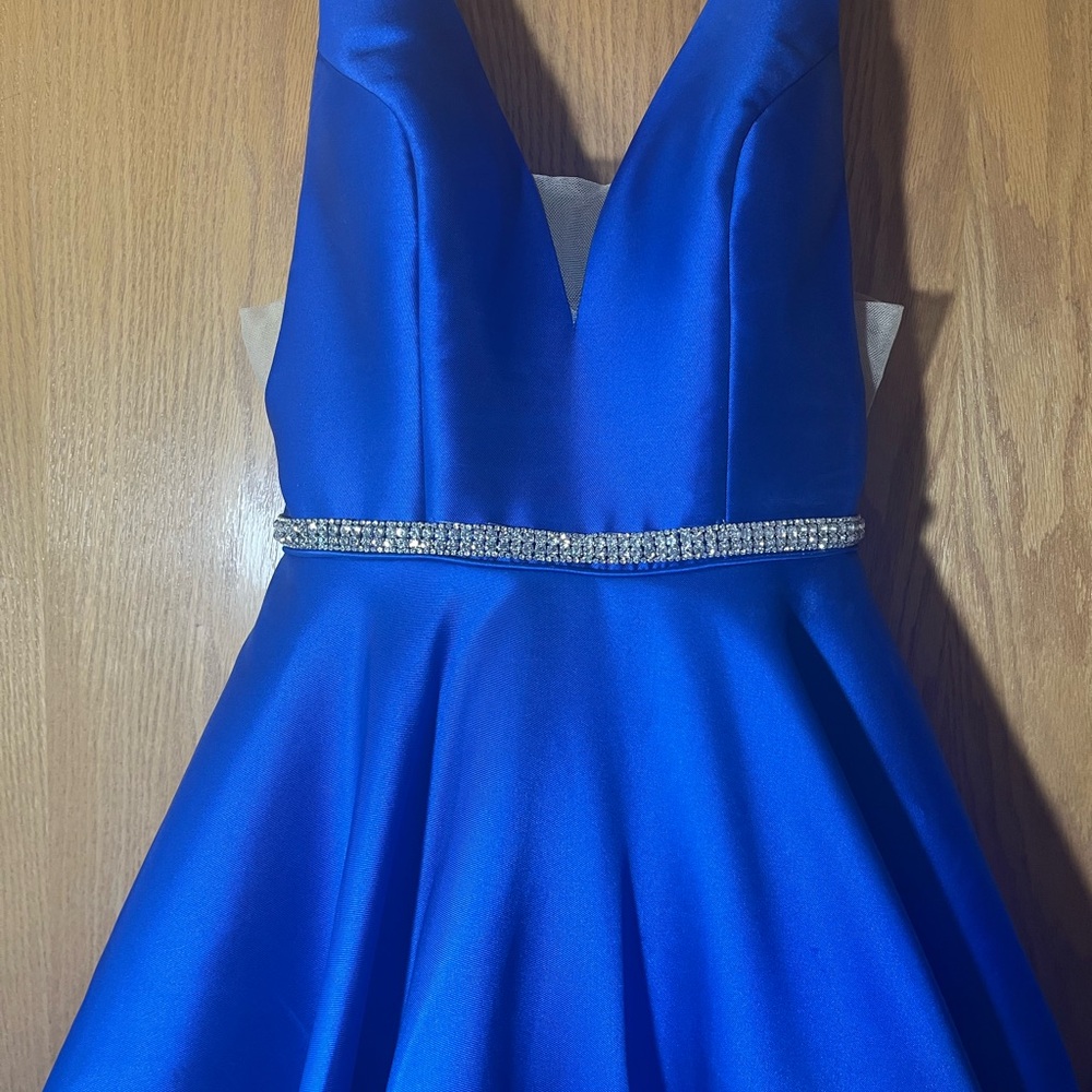 Elegant Blue Satin Dress with Rhinestone Belt